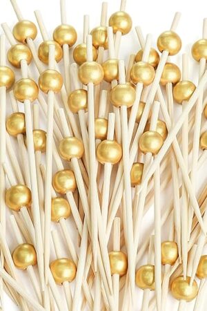 200PCS Cocktail Picks, Fancy Toothpicks for Appetizers, Decorative Bamboo Skewers for Appetizers Drinks Fruit, 4.7 Inch Long Wooden Gold Pearl Food Sticks Charcuterie Boards Accessories Party Supplies