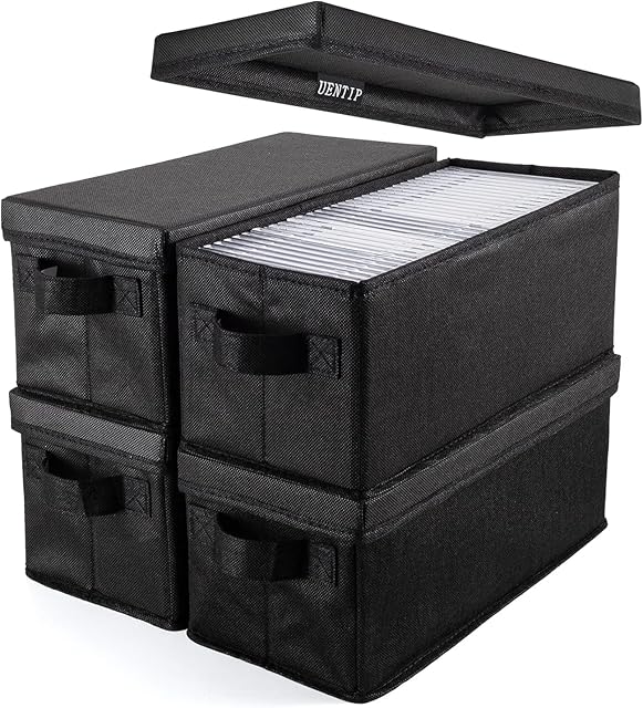 UENTIP CD Storage Boxes - Pack of 4 CD Case Storage - 13.2" x 5.9" x 5.3", Container Holds 30 CDs in Full Jewel Cases, 60 CDs in Slim Cases, and 165 Discs in CD Sleeves - Black (4pack-Black)