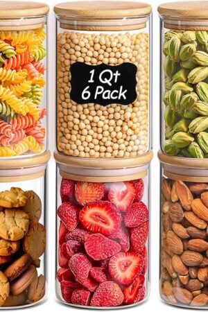 ComSaf 1 Qt Glass Storage Containers with Lids, Glass Jars with Lids, Clear Food Storage Jar, Round Canister Set of 6, Pantry Organizers for Cookie Pasta Flour Rice Tea Coffee Bean
