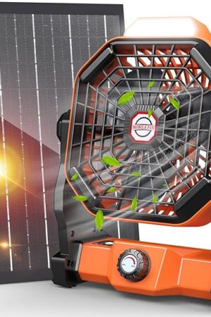 20000mAh Solar Fan, Camping Fan with Solar Panel, 7W 9-Inch Rechargeable Battery Operated Fans for Outside, LED Lantern, Stepless Speed and Quiet Battery Powered Solar Tent Fans for Outdoor, Barbecue