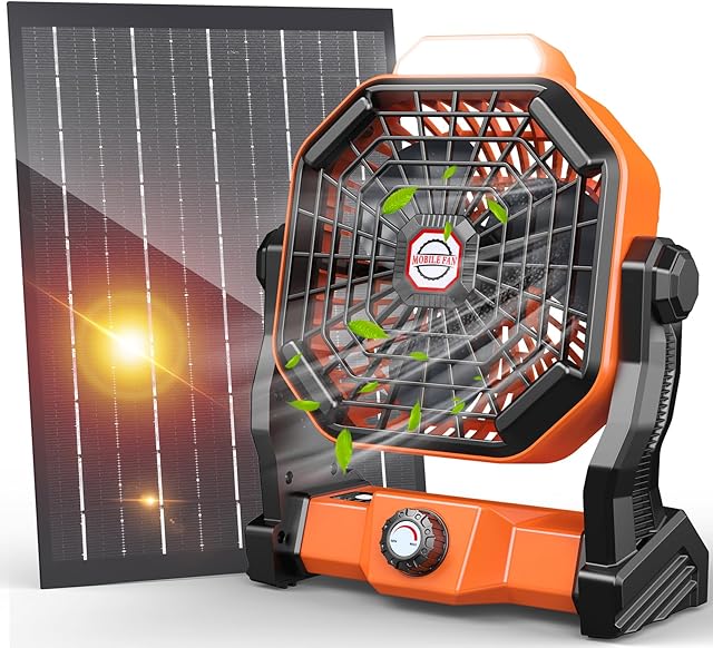 20000mAh Solar Fan, Camping Fan with Solar Panel, 7W 9-Inch Rechargeable Battery Operated Fans for Outside, LED Lantern, Stepless Speed and Quiet Battery Powered Solar Tent Fans for Outdoor, Barbecue