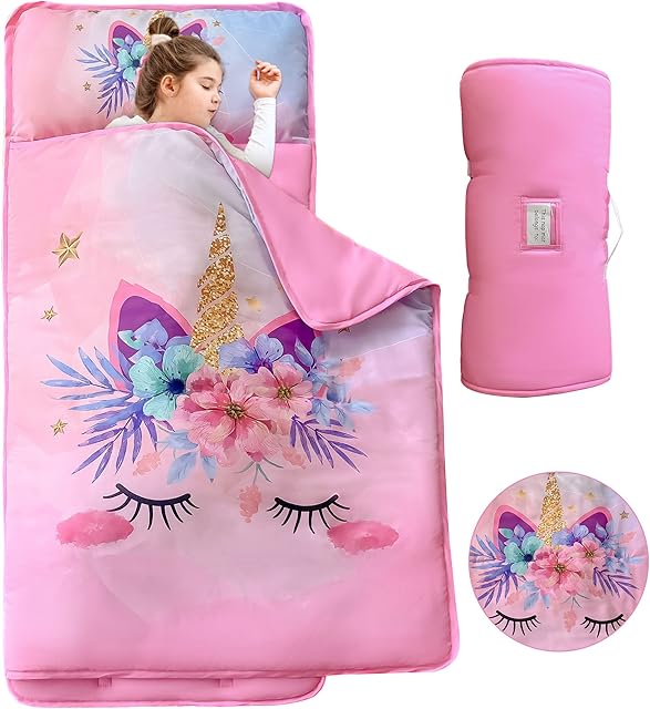 Unicorn Toddler Nap Mats for Preschool Daycare Girls Pink Cartoon Kids Sleeping Mats Toddler Slumber Bag Nap Pad with Removable Pillow for Girls Boys Kindergarten Sleepovers Travel and Camping