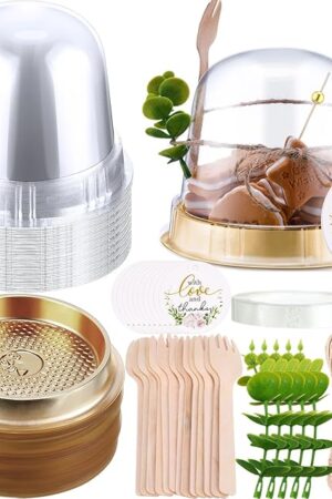 50 Sets Disposable Individual Charcuterie Cups with Lids Clear Plastic Cupcake Container Gold Cocktail Picks Appetizer Disposable Wooden Forks for Wedding Birthday Dessert Display