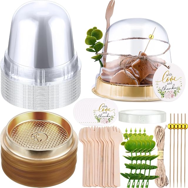50 Sets Disposable Individual Charcuterie Cups with Lids Clear Plastic Cupcake Container Gold Cocktail Picks Appetizer Disposable Wooden Forks for Wedding Birthday Dessert Display