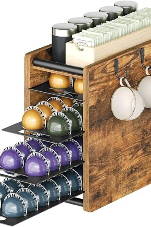 Coffee Pod Drawer Holder, 72 Pods Large Capacity, 4 Tier Holder for Vertuo, Coffee Pod Organizer for Countertop, Storage Rack for Nespresso Vertuo Pods, Space Saving, Rustic Brown KH06BR