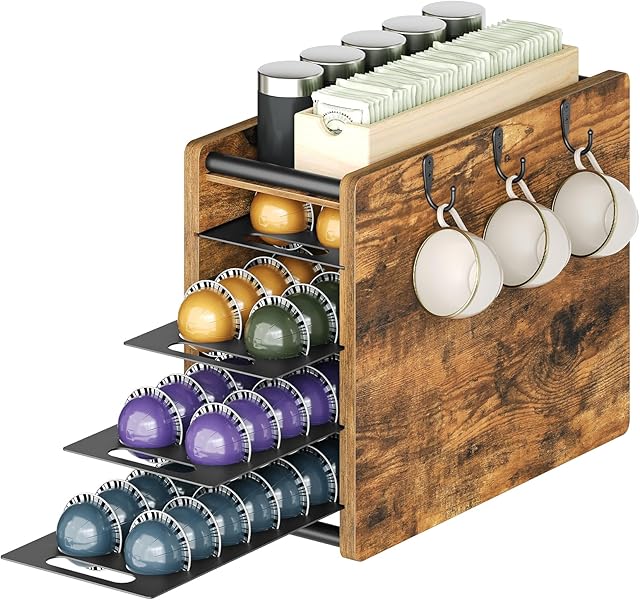 Coffee Pod Drawer Holder, 72 Pods Large Capacity, 4 Tier Holder for Vertuo, Coffee Pod Organizer for Countertop, Storage Rack for Nespresso Vertuo Pods, Space Saving, Rustic Brown KH06BR