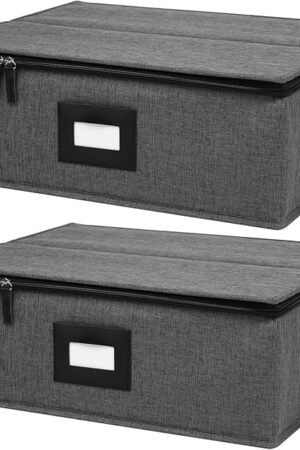 Cup and Mug Storage Box 2Pack, China Storage Containers for 12 Tea Cups or Coffee Mugs with Zipper Lid and Rivet Reinforced Handles, Hard Shell and Stackable (Black)