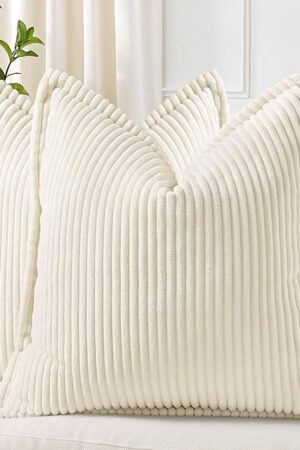 decorUhome Corduroy Cream White Throw Pillow Covers 18x18 Set of 2 Decorative Soft Boho Striped Neutral Euro Farmhouse Couch Pillow Covers with Broadside for Living Room Bed Sofa
