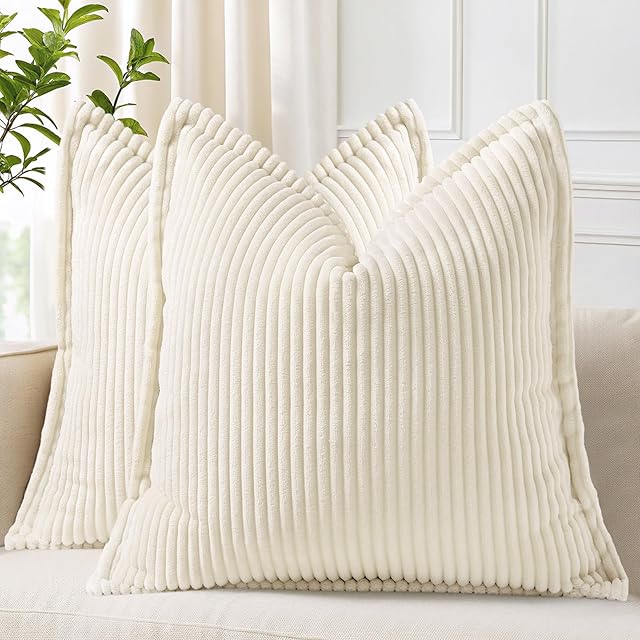decorUhome Corduroy Cream White Throw Pillow Covers 18x18 Set of 2 Decorative Soft Boho Striped Neutral Euro Farmhouse Couch Pillow Covers with Broadside for Living Room Bed Sofa