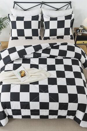 Caressma Black White Plaid Comforter Set, Buffalo Check Plaid Comforter Bedding Set Twin Size for All Seasons, Farmhouse Soft Microfiber Comforter with Pillowcase