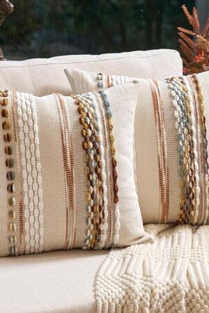 Aeckself Boho Throw Pillow Covers 18x18 Inch Set of 2, Farmhouse Decorative Striped Square Pillow Covers Chenille Tufted Pillow Cases Accent Neutral Pillowcase for Living Room Couch Bed, Orange White