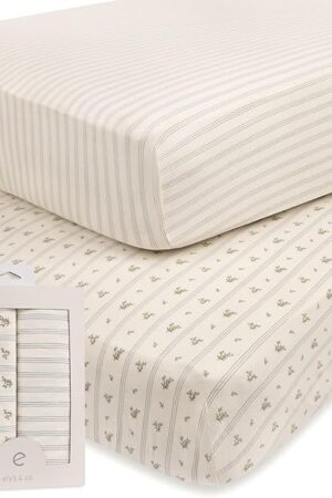 Ely's & Co. Crib Sheets Fitted Crib Mattress Sheet Set 2 Pack 100% Jersey Knit Cotton Blue Linear Berry Leaf Collection 28" x 52"
