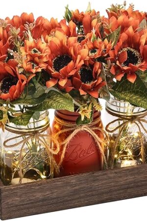 3 Pcs Fall Mason Jar Centerpiece Table Decorations for Dining Table Decor Farmhouse Coffee Table Decor with Wood Tray and Led Light Table Centerpieces for Dining Room Kitchen Living,Orange