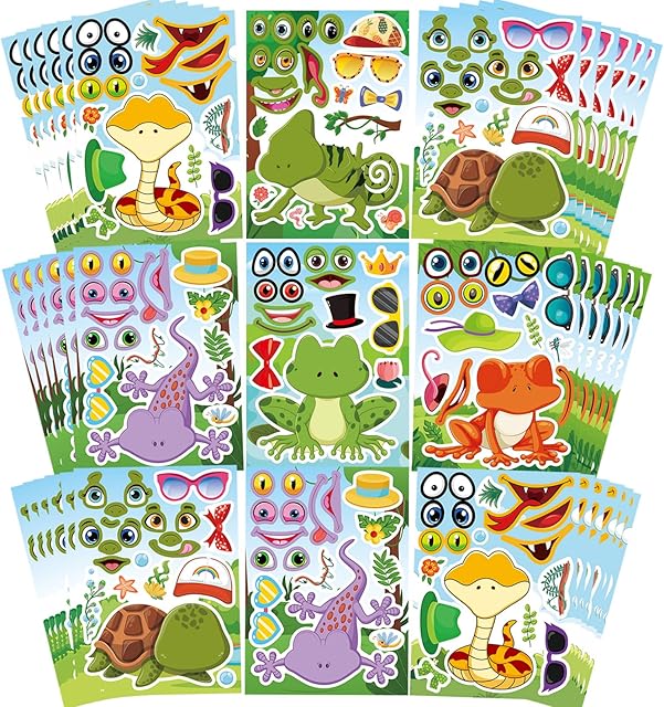 The 36 PCS Make a face Sticker for Kids Toddlers, Make Your Own Reptile Animal Mix and Match Sticker with Snakes, Lizards, Frogs, Turtles, Kids Party Favor Craft Supplies