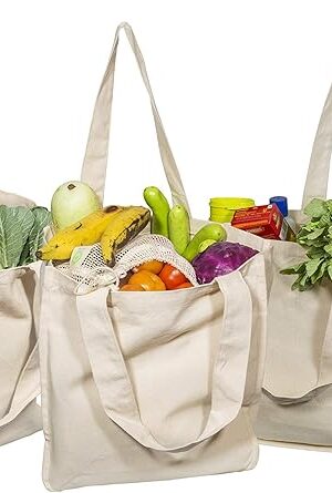 Best Canvas Grocery Shopping Bags with Handles and Bottle Sleeves - Organic Cotton, Washable and Eco-friendly Cloth Grocery Totes - Reusable Shopping Grocery Bags (3 Bags)