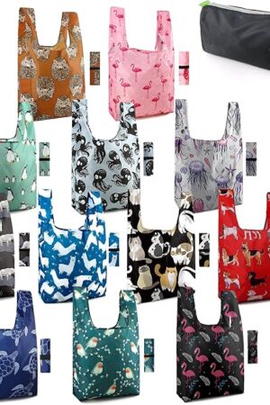 BeeGreen Reusable Grocery Bags Foldable 12 Pack Large Cute Totes - Heavy Duty Washable Holiday Cloth Gifts Bag with Handles, Reusable Gift Bulk Shopping Bags for Groceries for Women Animal Lover​