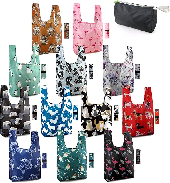 BeeGreen Reusable Grocery Bags Foldable 12 Pack Large Cute Totes - Heavy Duty Washable Holiday Cloth Gifts Bag with Handles, Reusable Gift Bulk Shopping Bags for Groceries for Women Animal Lover