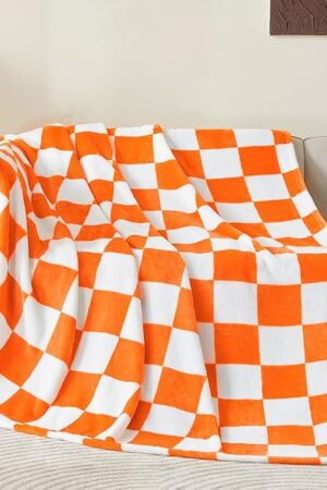 BEDELITE Checkered Throw Blanket Luxurious Fleece Blanket Checkerboard Grid Orange and White 50"x60"