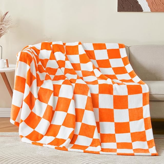 BEDELITE Checkered Throw Blanket Luxurious Fleece Blanket Checkerboard Grid Orange and White 50"x60"