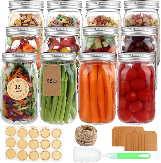 Wide Mouth Mason Jars 32 oz, 12 Pack Clear Glass Mason Jars with Airtight Lids and Bands, Quart Canning Jars for Preserving, Canning, Meal Prep, Pickling