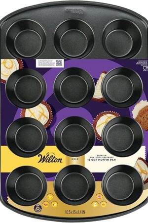 Wilton Gold Premium Non-Stick Warp-Resistant Bakeware, Made without PFAs, Muffin Pan, 12-cup, 10.5 x 15 x 1.4 in, Packaging May Vary