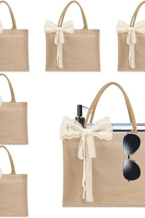 6pcs Burlap Tote Bag Set with Handles, Waterproof Reusable Blank Water Resistant Grocery Bags with Ribbon Large Jute Tote 15.35*6*12 Inch for Women Bridesmaid Gift Beach Shopping Wedding Travel DIY