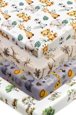 4 Pack Safari Jungle Animals Fitted Baby Sheets Set Crib Sheets