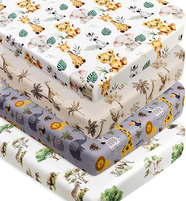 4 Pack Safari Jungle Animals Fitted Baby Sheets Set Crib Sheets