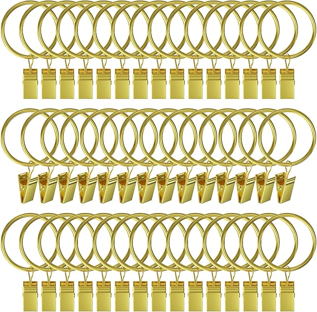 44 Pack Gold Curtain Rings with Clips, Curtain Clips for Drapes, Drapery Rings for Pleated Drapes Heavy Duty, Shower Tension Rod Rings Hooks Hangers, 1.26 inch Fits 1.1 in Diameter Rod, Gold