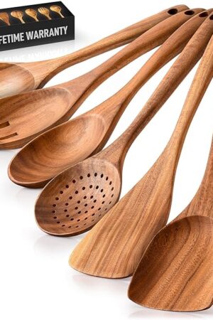 Zulay Kitchen 6-Piece Wooden Cooking Spoons Set – Heat-Resistant, Smooth Teak Utensils with Comfort Grip – Lightweight & Durable – Easy to Clean, Perfect for Non-Stick Cookware