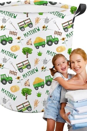 Custom Tractor Laundry Baskets,Personalized Tractor Laundry Basket,Personalized Gifts,Customize Baby Name Laundry Hamper for Kids Adults,Collapsible Clothes Storage Organizer,M-19.5"X 15.7"