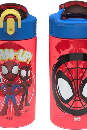 Zak Designs Marvel Spider-Man Kids Water Bottle with Spout Cover and Carrying Loop, Durable Plastic, Leak-Proof Design for Travel (16 oz, 2-Pack, Spidey and His Amazing Friends)