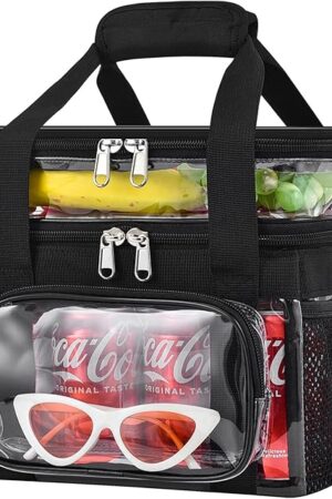 Clear Lunch Bag - Large Clear Lunch Bag for Work Double-Deck Reusable Lunch Bag with Adjustable Strap, Front Pocket and Top Compartment for Picnic, Beach, Work, School（2-3 People Use）