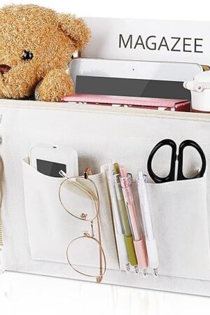Bedside Caddy Organizer Hanging Storage Bag for College Dorm Bed Hospital Beds White