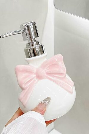 Cute Ceramic Pump Bottle with Bow, Refillable for Hand Soap, Dish Soap, Lotion or Shampoo – Bathroom & Kitchen Use