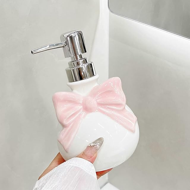 Cute Ceramic Pump Bottle with Bow, Refillable for Hand Soap, Dish Soap, Lotion or Shampoo – Bathroom & Kitchen Use