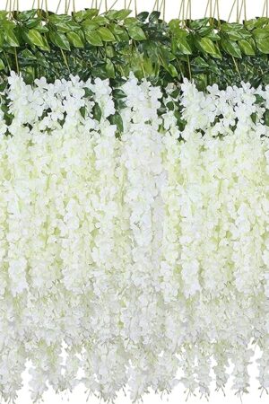 Artificial Wisteria Hanging Flowers Fake Wisteria Flower Garland Silk Vines Rattan Decor for Home Wedding Arch Wall Garden Greenery Bedroom Outdoor Office Party Decoration (12, White)