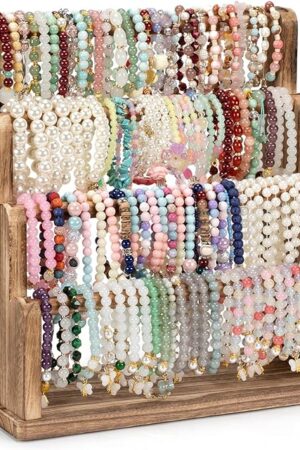 Bracelet Holder, 4 Tier Bracelet Organizer Storage for Bracelets Bangles Watch Scrunchies, Rustic Wood Jewelry Organizer Display for Home, Vendors, Craft Shows and Store(Rustic Brown)