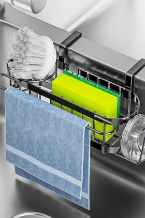 Cisily 3-in-1 Sponge Holder for Kitchen Sink Caddy (Hanging&Adhesive), Stainless Steel Movable Brush Holder + Dish Cloth Hanger, Hanging Sink Caddy Organizer, in Sink Organizer Accessories Rack