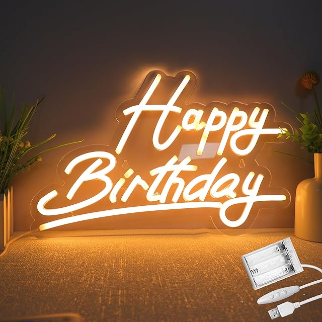 Happy Birthday Neon Sign Battery Operated, Usb Powered Neon Signs for Wall Decor, Adjustable Brightness Happy Birthday Signs(15 x 9.6 inches)