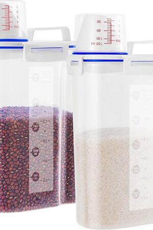 2 Pcs 5.5Lbs Rice Dispenser Storage Containers, Rice Container with Measuring Cup & Pour Spout, Kitchen Plastic Airtight Container for Cereal, Grain, Flour, Sugar, Oatmeal, Dry Pet Dog Food