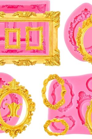 4 Pcs Photo Frame Silicone Molds, Baroque Style Picture Photo Frames and Mirrors Fondant Molds for Cupcake Topper, Chocolate, Candy, Donut Cake Puck Decoration and Clay Craft Making