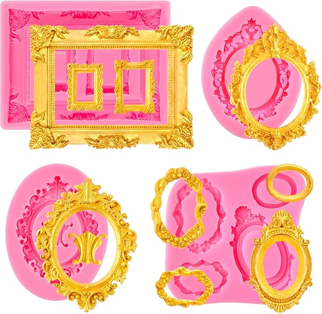 4 Pcs Photo Frame Silicone Molds, Baroque Style Picture Photo Frames and Mirrors Fondant Molds for Cupcake Topper, Chocolate, Candy, Donut Cake Puck Decoration and Clay Craft Making