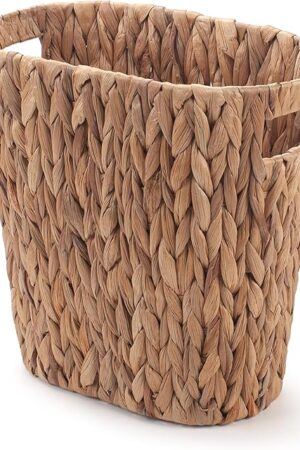 Bathroom Trash Can, Handwoven Wicker Trash Can with Handles for Bedroom, Living Roon, Kitchen, Bathroom and Office, Water Hyacinth Wicker Waste Basket, 1 Pack, 13"L x 7.5"W x 12.2"H, 3.2 Gallon
