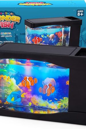 Artificial Fish Tank Virtual Ocean Toy in Motion Lamp - Mini Office Desk Aquarium 3 Colorful LED Lights, Moving Bubbles, Gift for Kids and Adults