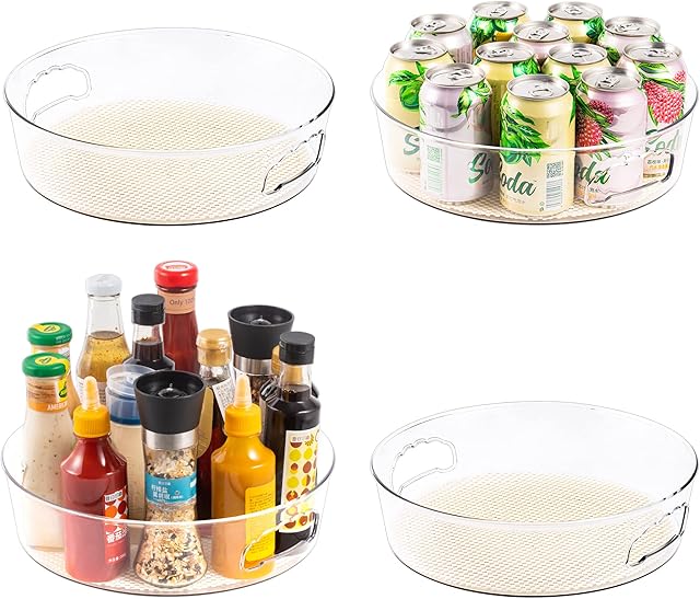 4 Pack Lazy Susan Organizer for Cabinet with Handle, 12“ inch Clear Spinning Storage Lazy Susan Turntable for Pantry, Kitchen Sink, Fridge, Bathroom, Countertop, Non-Skid Liners Included, Round