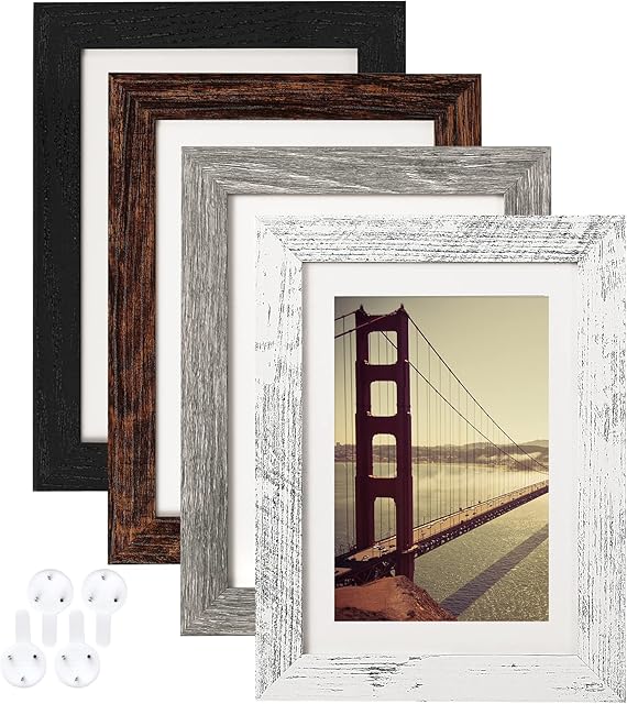 BAIJIALI 5x7 Picture Frame Distressed Farmhouse Wood Pattern Set of 4,Display 4x6 with Mat or 5x7 Without Mat,Multicolour