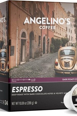 Angelino's Coffee Espresso Pods Made for Keurig Machines - 24 Count, Dark Roast Coffee for Keurig K-Cup Brewers, Cafe Style, Best Strong Espresso Coffee Pods (24 Count, Espresso)