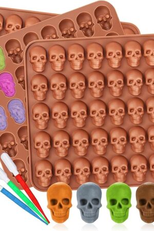 3 Pack Gummy Skull Silicone Candy Molds, Halloween Mini Skull Mold with 3 Droppers Non-stick Candy Molds