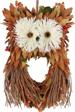 winemana Fall Wreaths for Front Door - 14 Inch Handmade Owl Wreath with Berries & Autumn Leaves, Fall Decorations for Home Outside Farmhouse, Thanksgiving Boho Harvest Decor for Porch